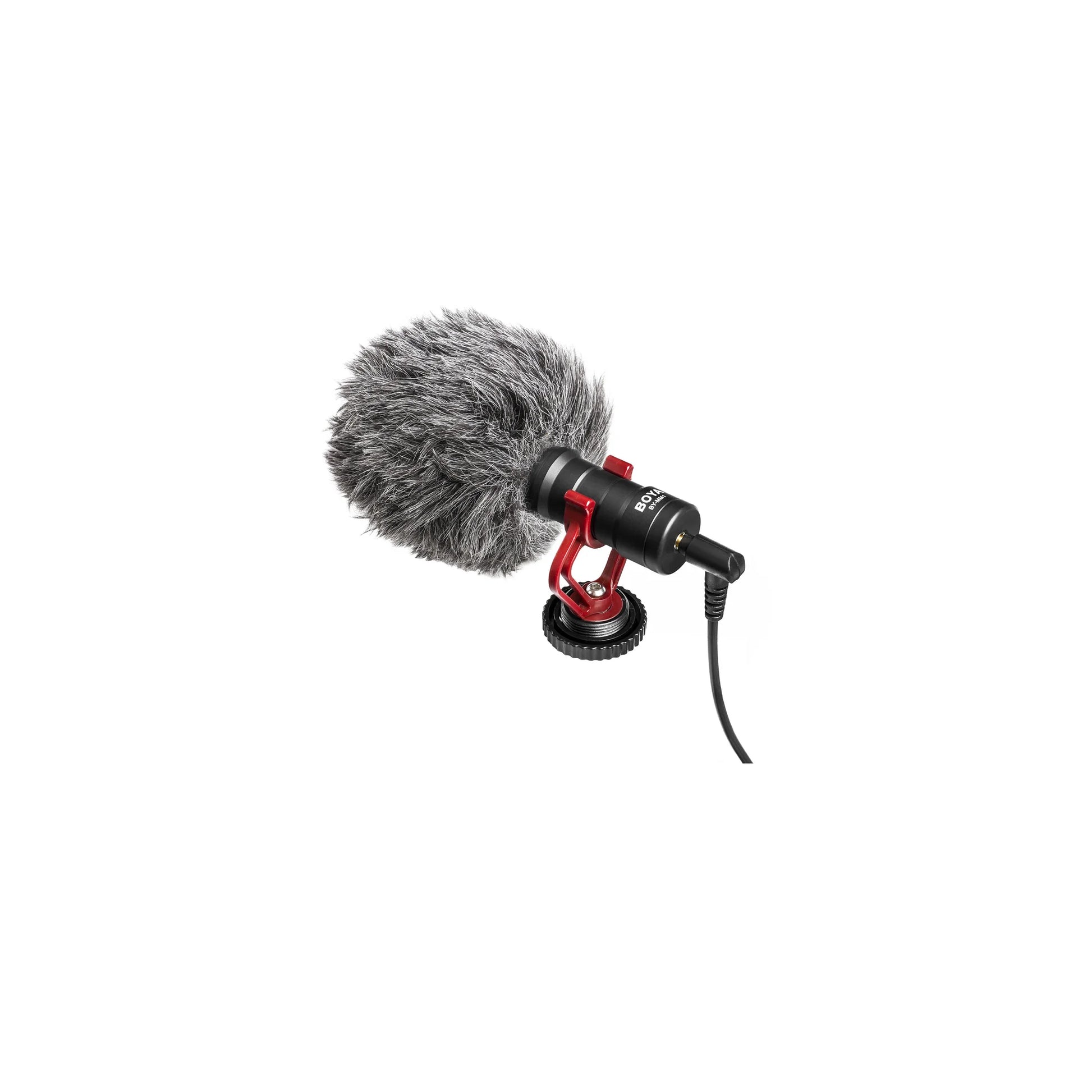 BOYA BY-MM1 cardioid condenser shotgun microphone with shock mount and deadcat windshield mounted on a camera