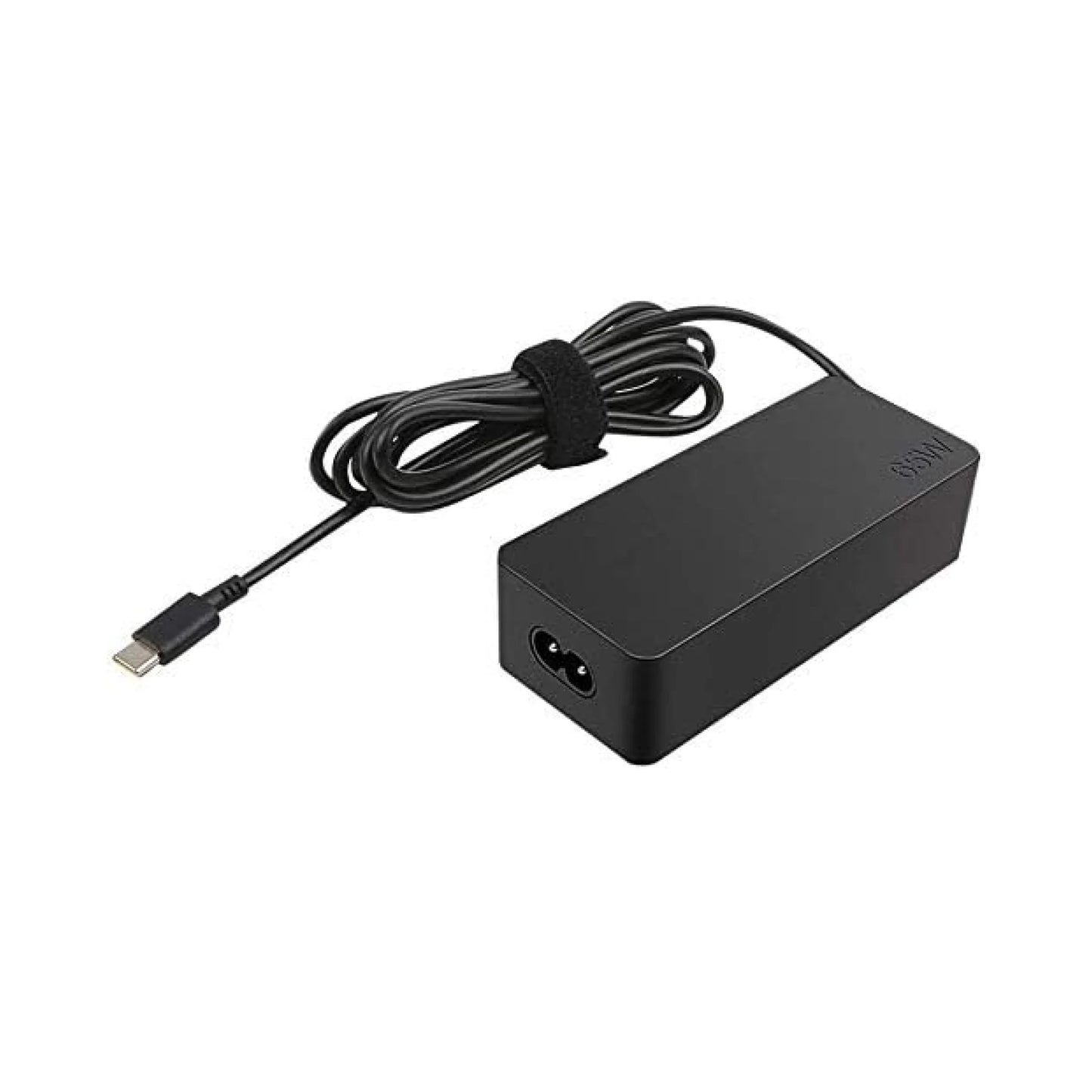 Black laptop charger with USB-C cable on a white background