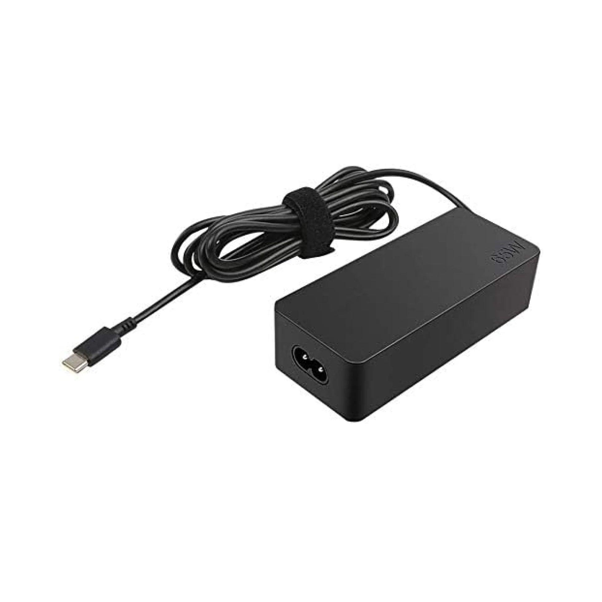 Black laptop charger with USB-C cable on a white background