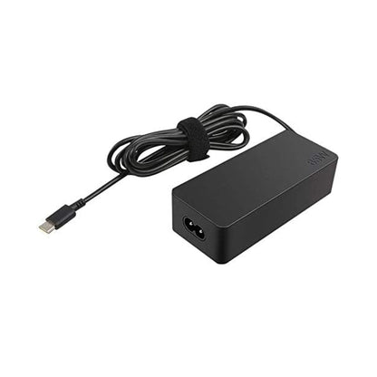 Black laptop charger with USB-C cable on a white background