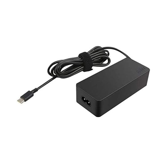 Black laptop charger with USB-C cable on a white background