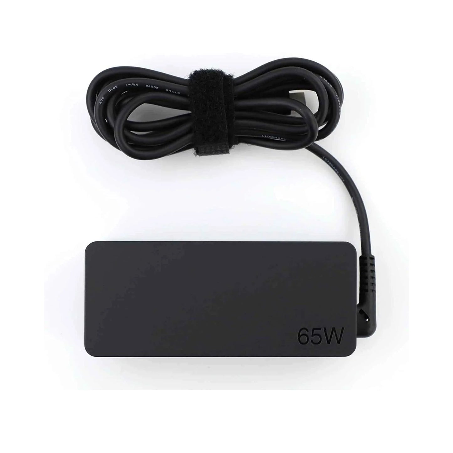 65W laptop charger with power cable on a white background