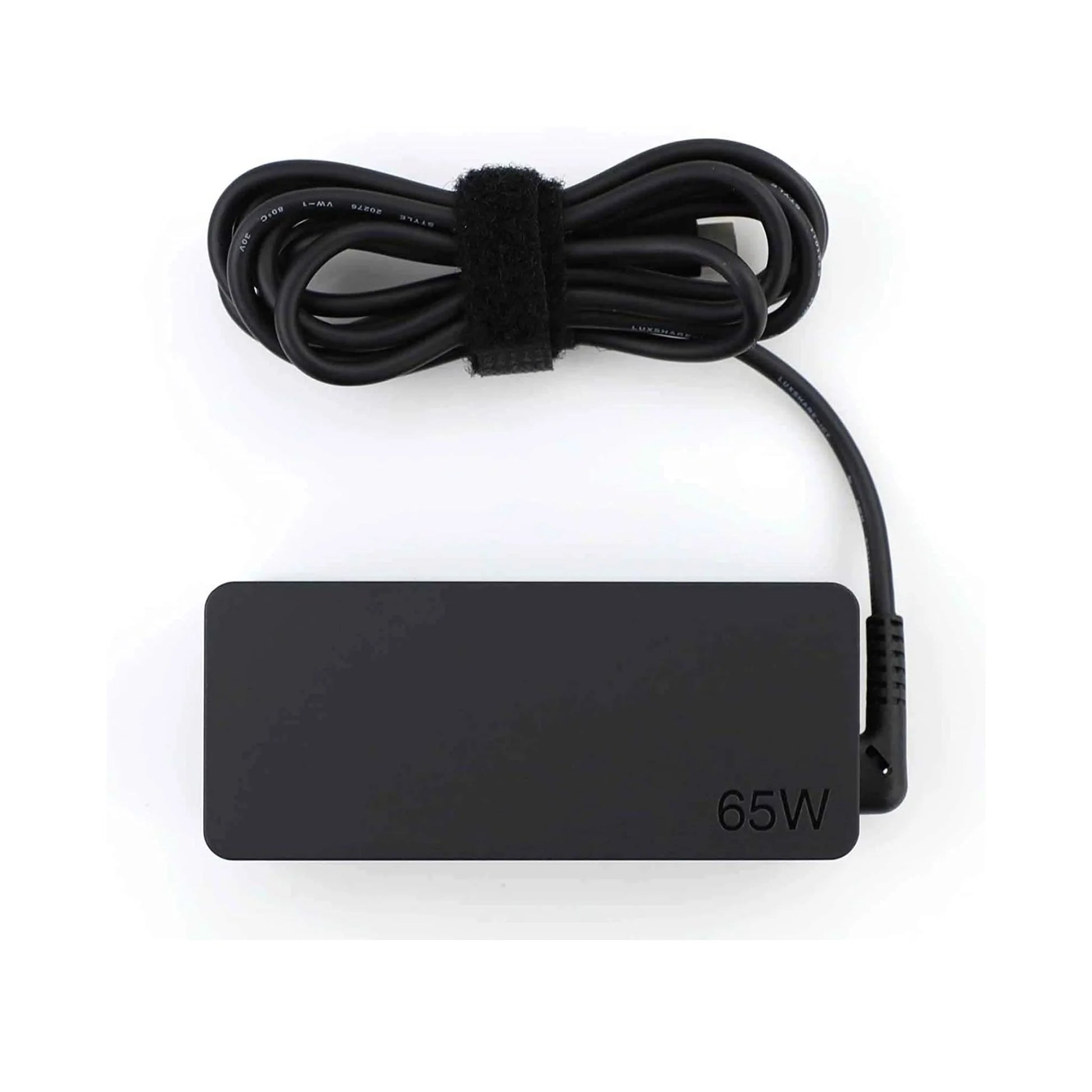 65W laptop charger with power cable on a white background