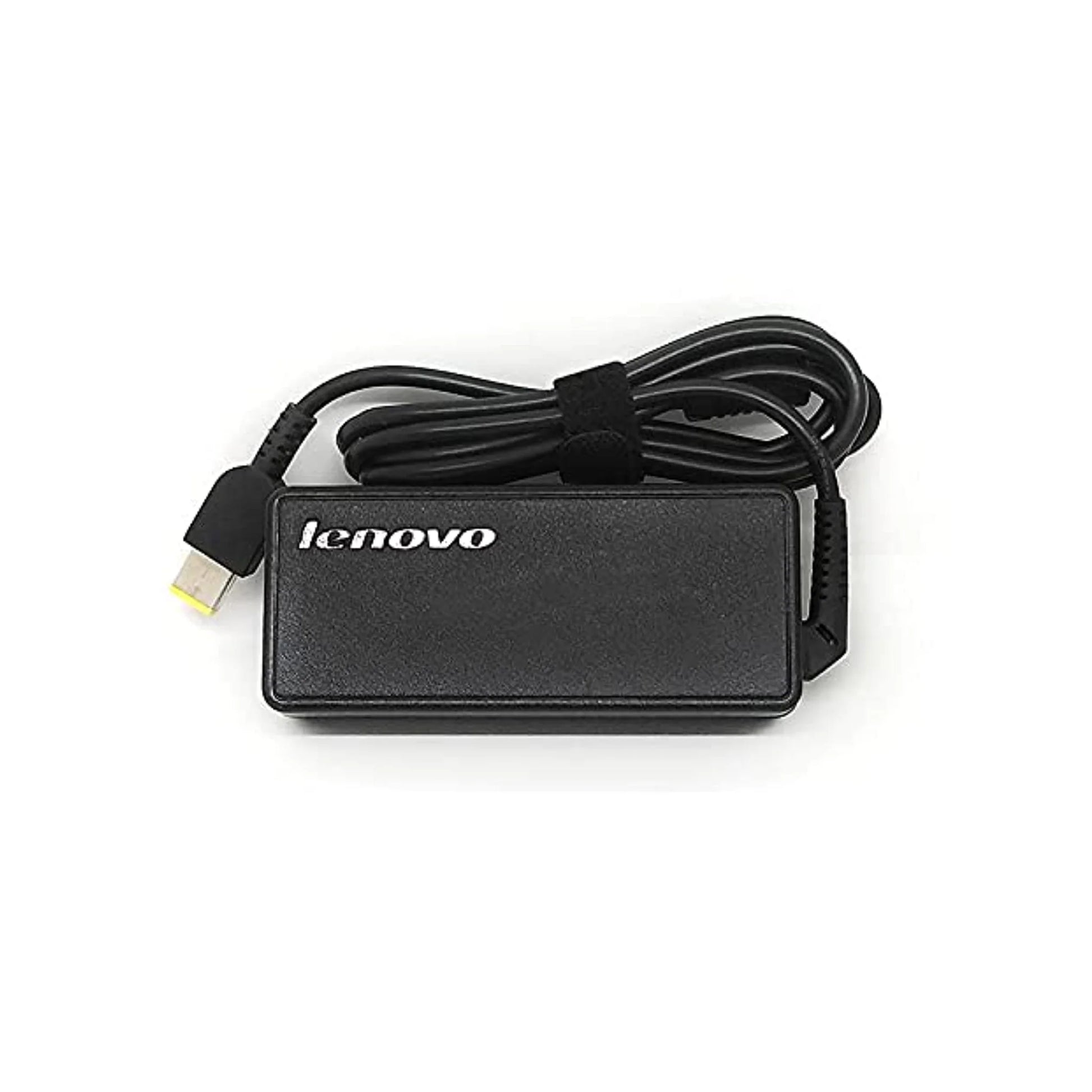 Lenovo laptop charger with USB cable on a white background