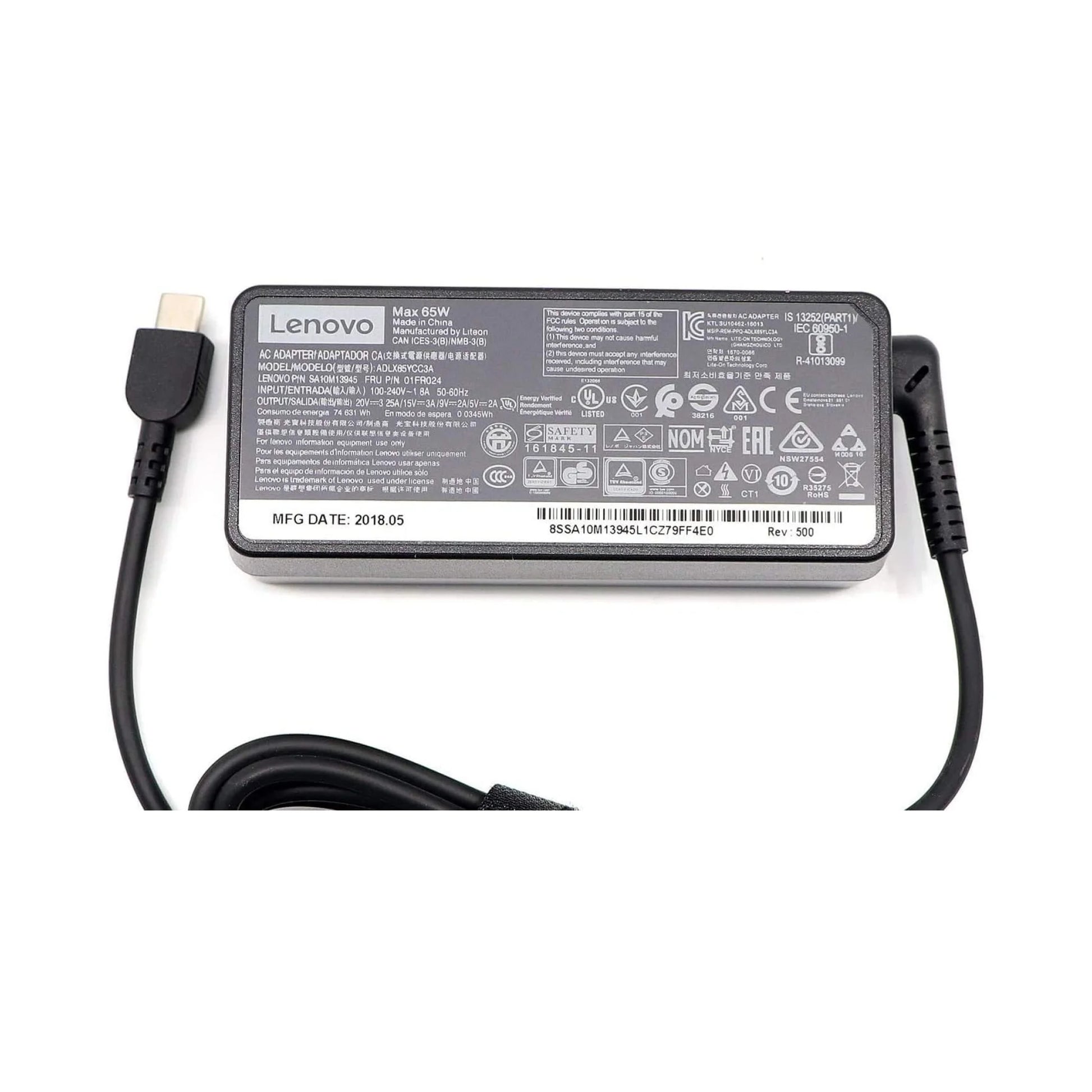 Lenovo laptop charger with USB-C cable on a white background