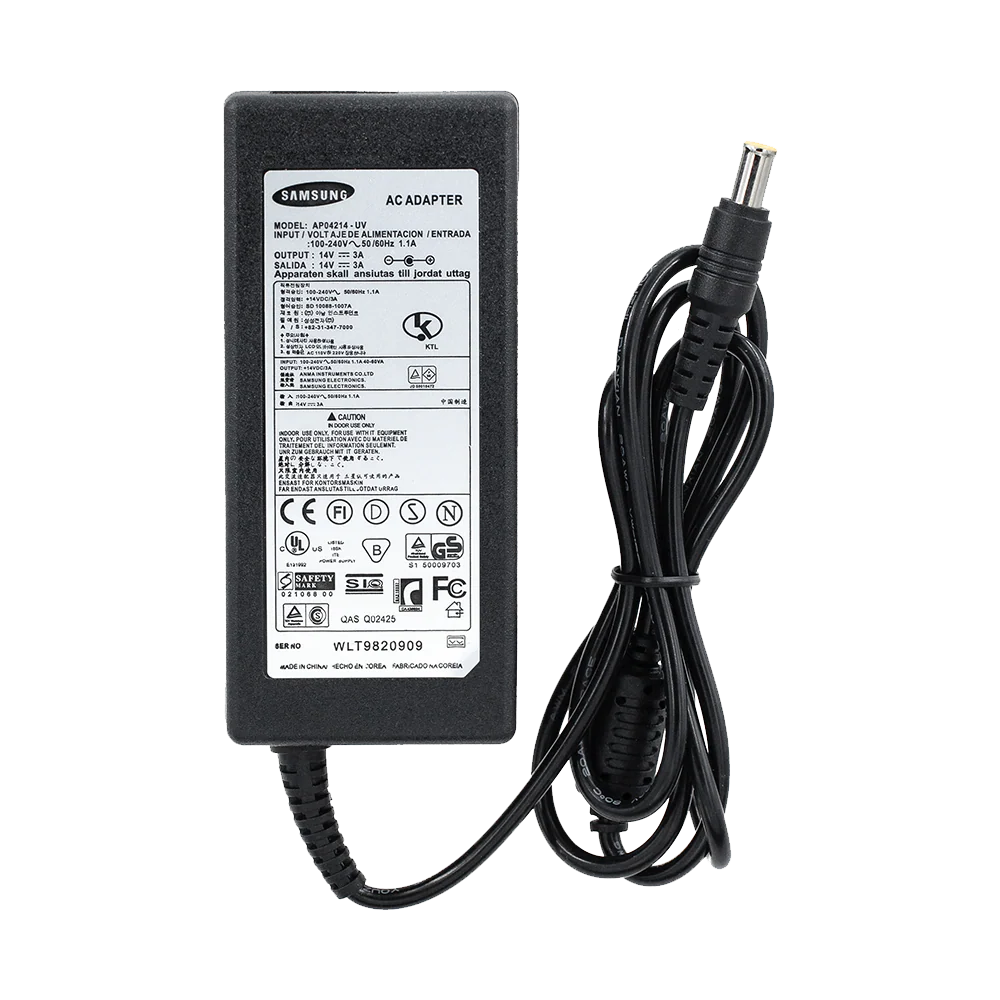 Samsung AC adapter with power cord on a white background