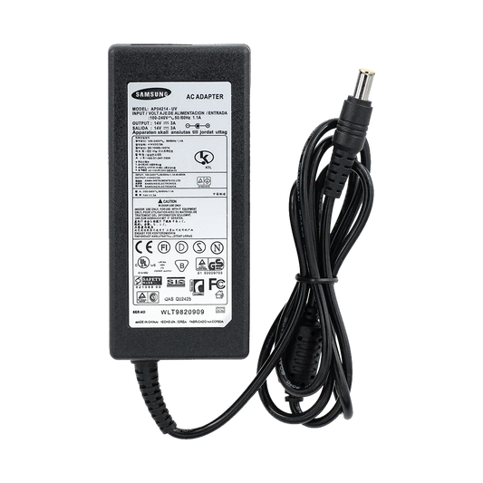 Samsung AC adapter with power cord on a white background