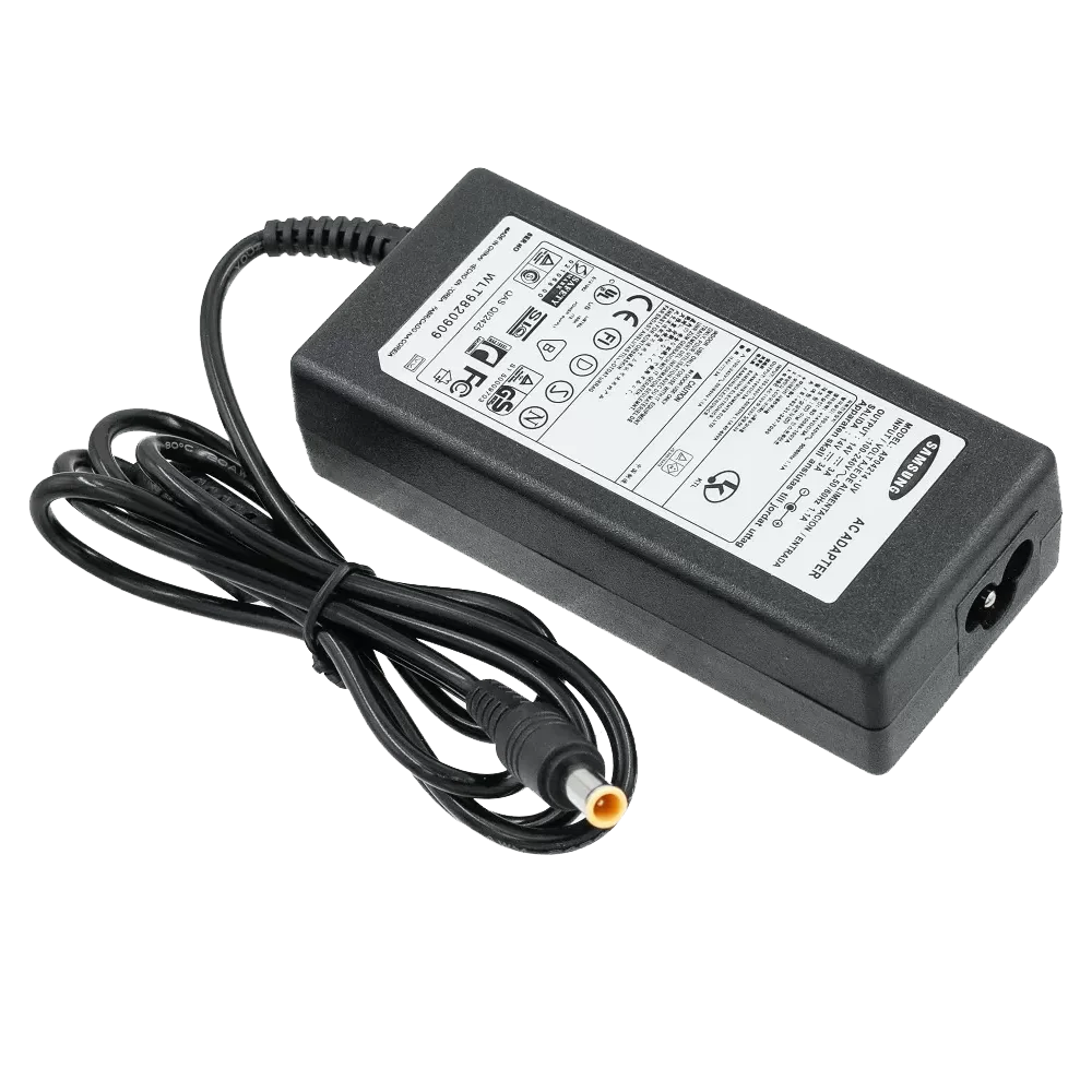 Black power adapter with cable on a white background
