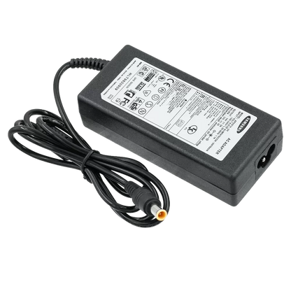 Black power adapter with cable on a white background