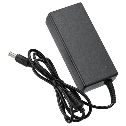 Black power adapter with a cable on a white background