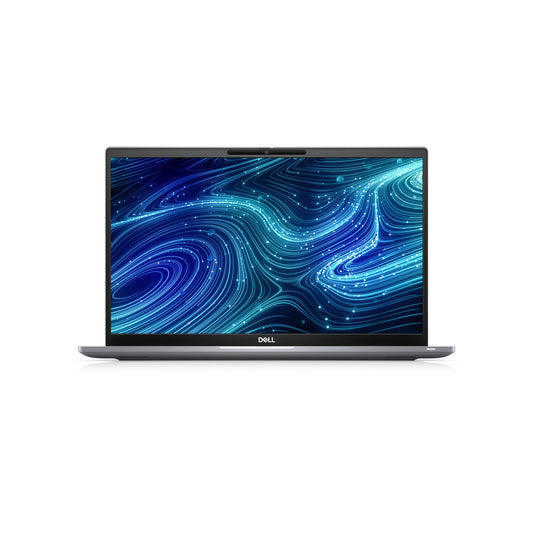 Front view of the Dell Latitude 7520 laptop open, showing the high-resolution display with a vibrant   abstract wallpaper. 