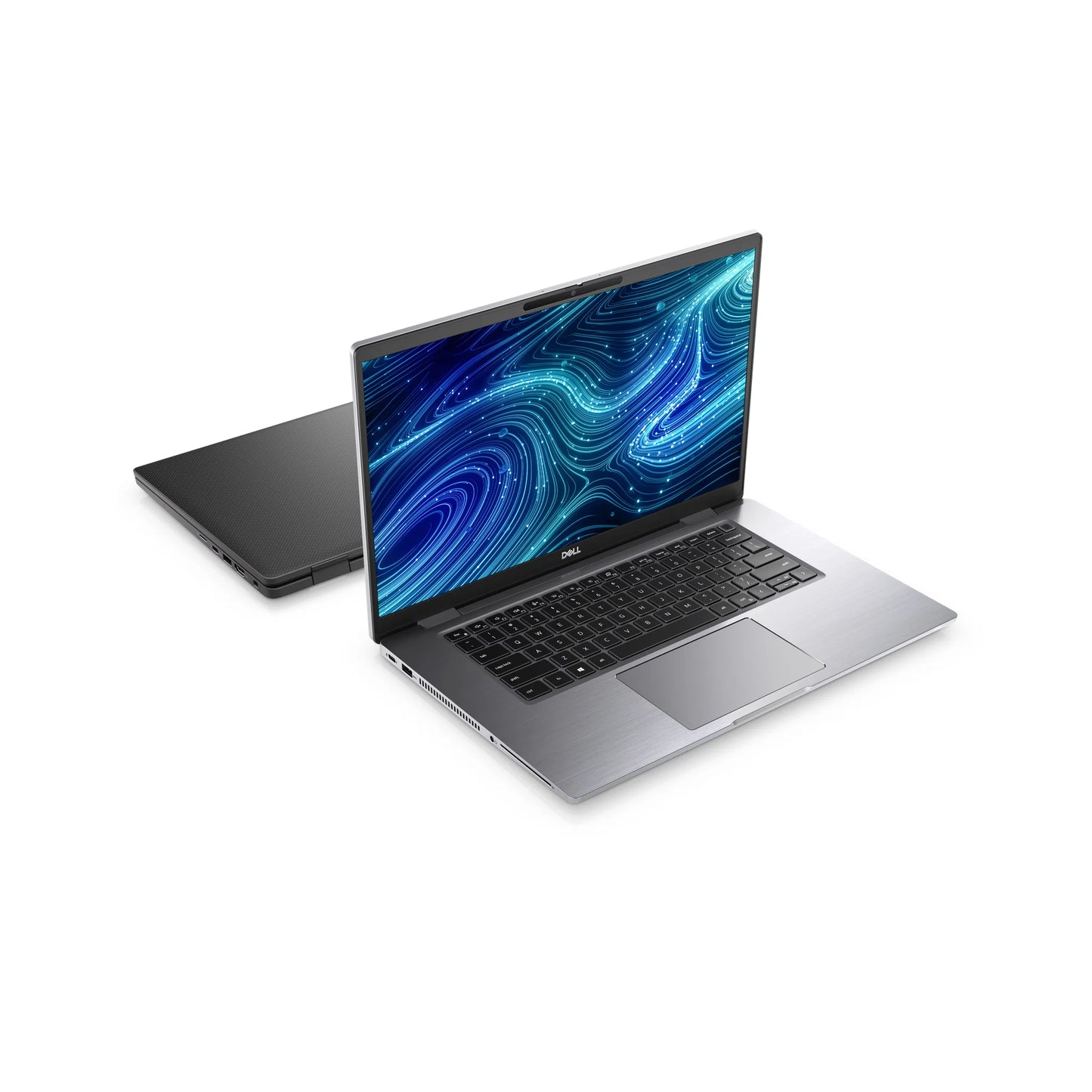 Isometric perspective view of the Dell Latitude 7520 the slim profile and premium build quality.