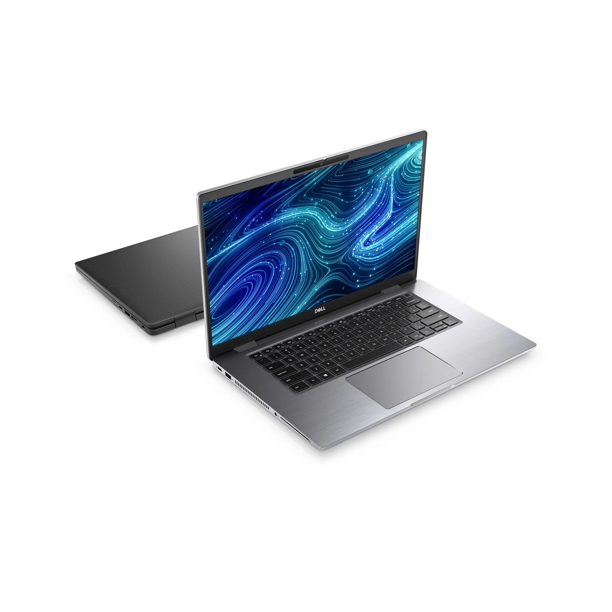 Isometric perspective view of the Dell Latitude 7520 the slim profile and premium build quality.