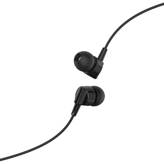 Black earbuds with a wire on a white background