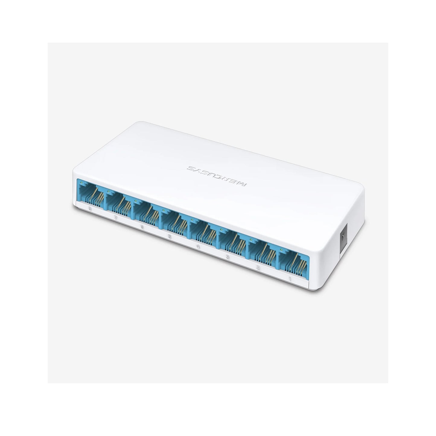 Mercusys MS108 8-port 10/100Mbps fanless desktop Ethernet switch, front angle with RJ45 ports