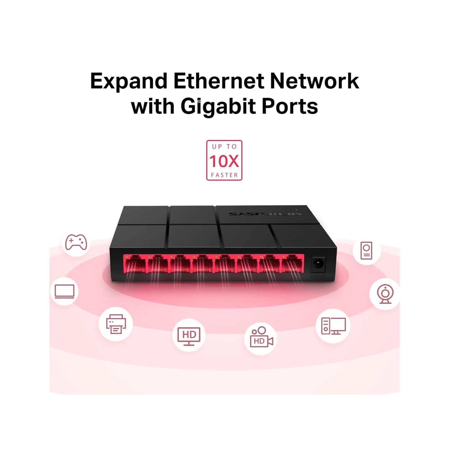 Mercusys MS108G 8-port gigabit fanless desktop Ethernet switch, front angle with RJ45 ports