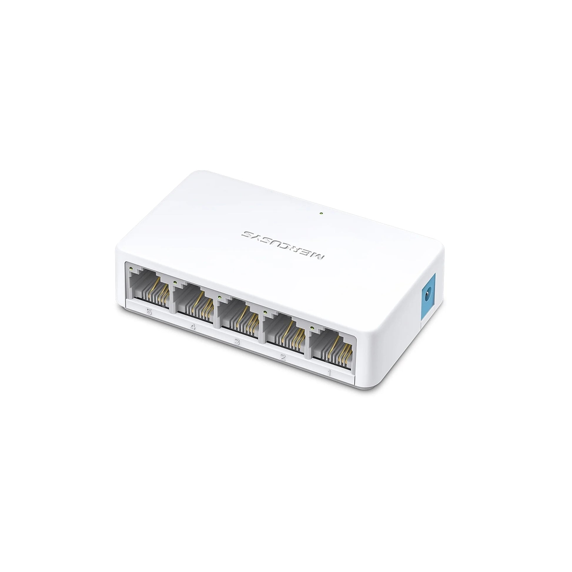 Mercusys MS105 5-port 10/100Mbps fanless desktop Ethernet switch, front angle with RJ45 ports