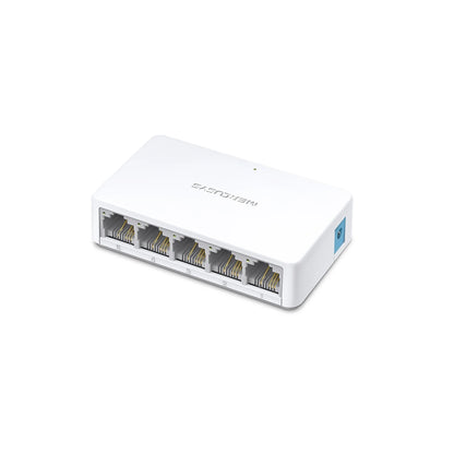 Mercusys MS105 5-port 10/100Mbps fanless desktop Ethernet switch, front angle with RJ45 ports