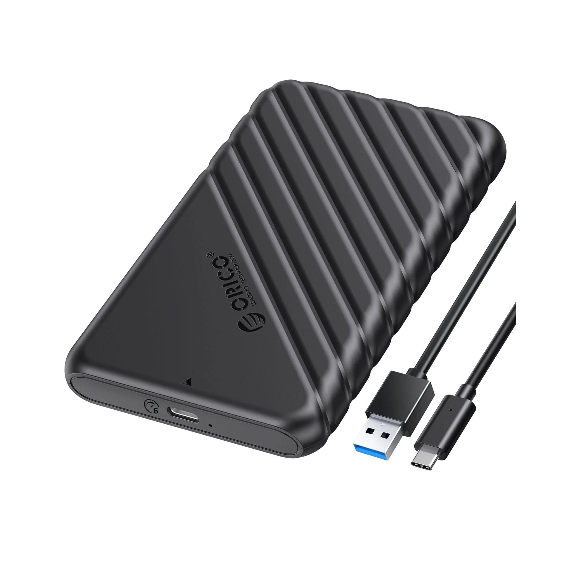 ORICO 25PW1-U3 2.5 inch USB 3.0 to SATA III tool-free hard drive enclosure with a 2.5" SSD beside it