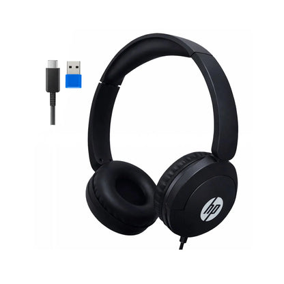 HP E08 black lightweight wired on-ear communication headset with adjustable boom microphone and inline volume control
