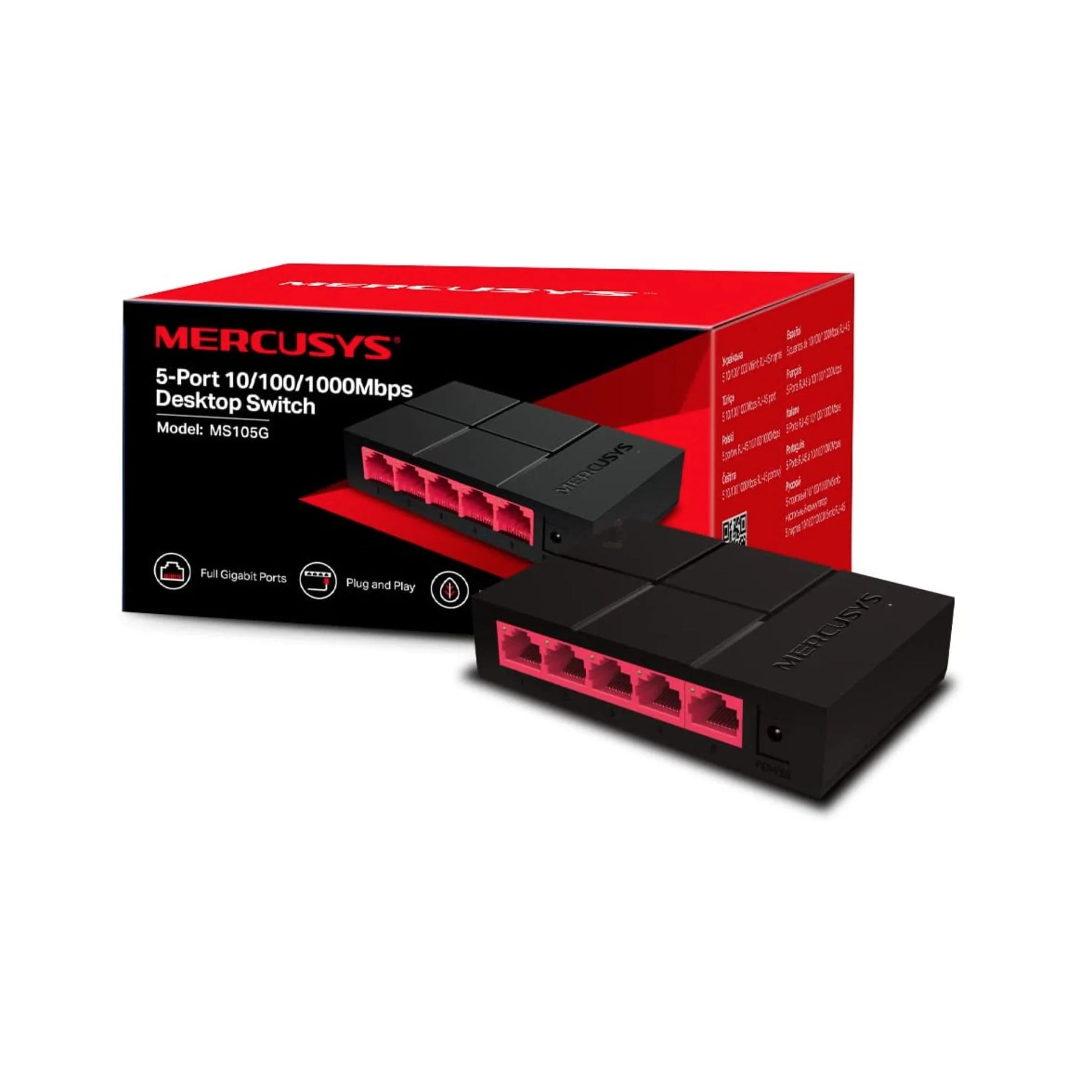 Mercusys MS105G 5-port gigabit fanless desktop Ethernet switch, front angle with RJ45 ports
