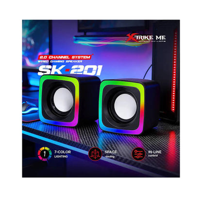 سماعات Xtrike Me SK-201 استيريو 2.0 بإضاءة RGB رينبو باللون الأسود للكمبيوتر