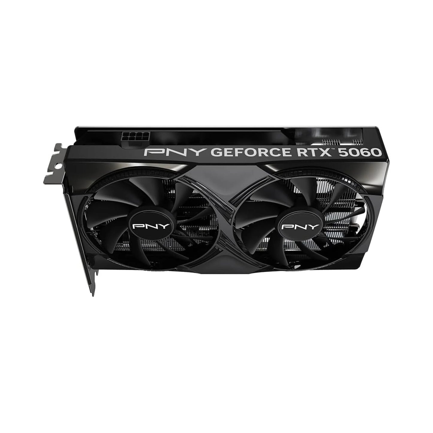 PNY GeForce RTX 5060 graphics card with dual fans on a white background