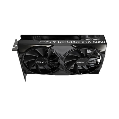 PNY GeForce RTX 5060 graphics card with dual fans on a white background