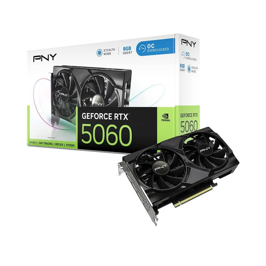 PNY GeForce RTX 5060 graphics card with packaging on a white background
