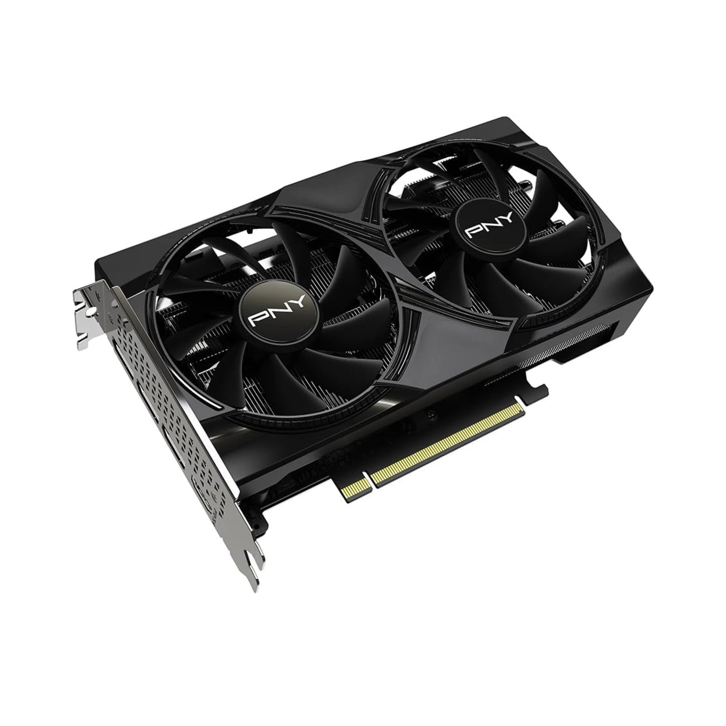 PNY graphics card with dual fans on a white background