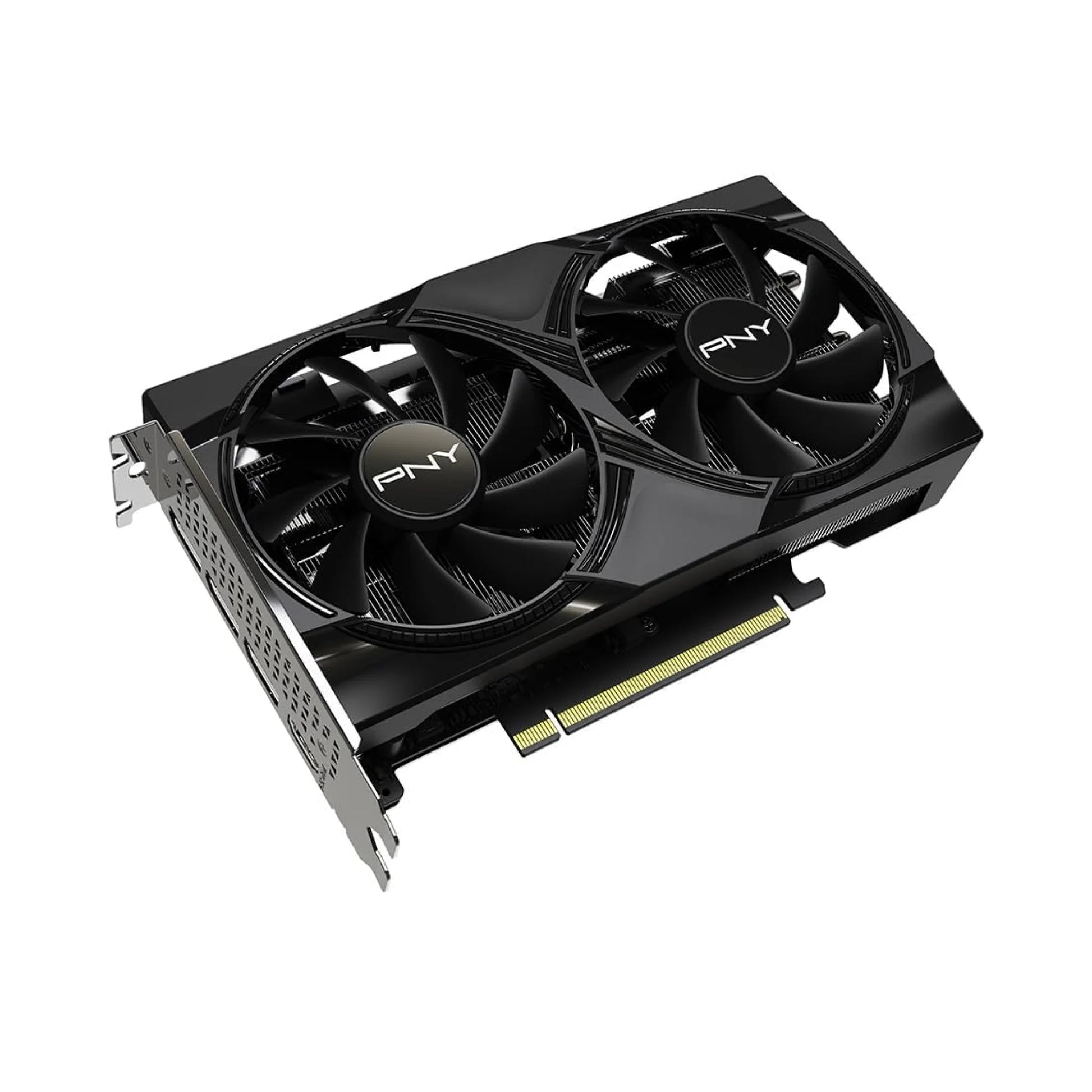 PNY graphics card with dual fans on a white background