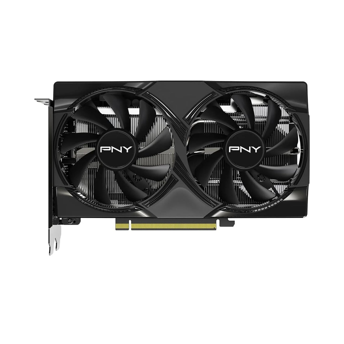 PNY graphics card with dual fans on a white background
