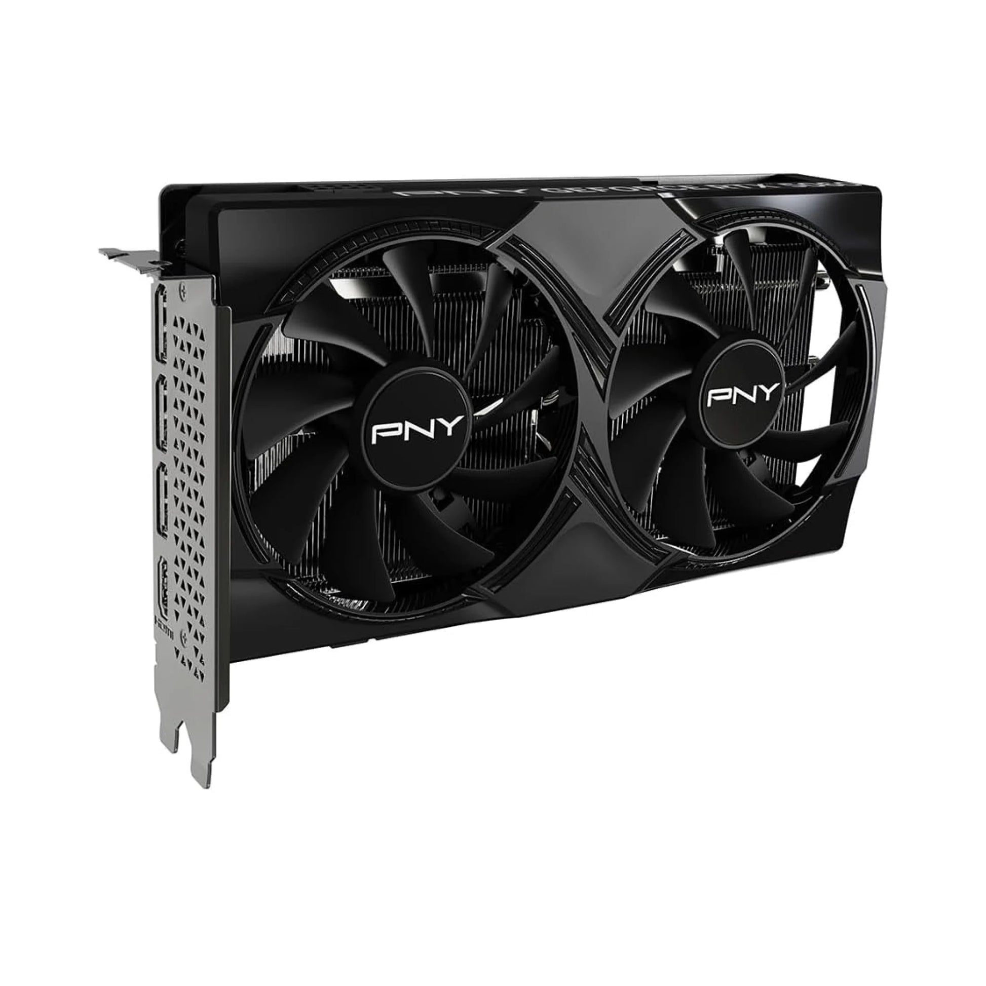 PNY graphics card with dual fans on a white background