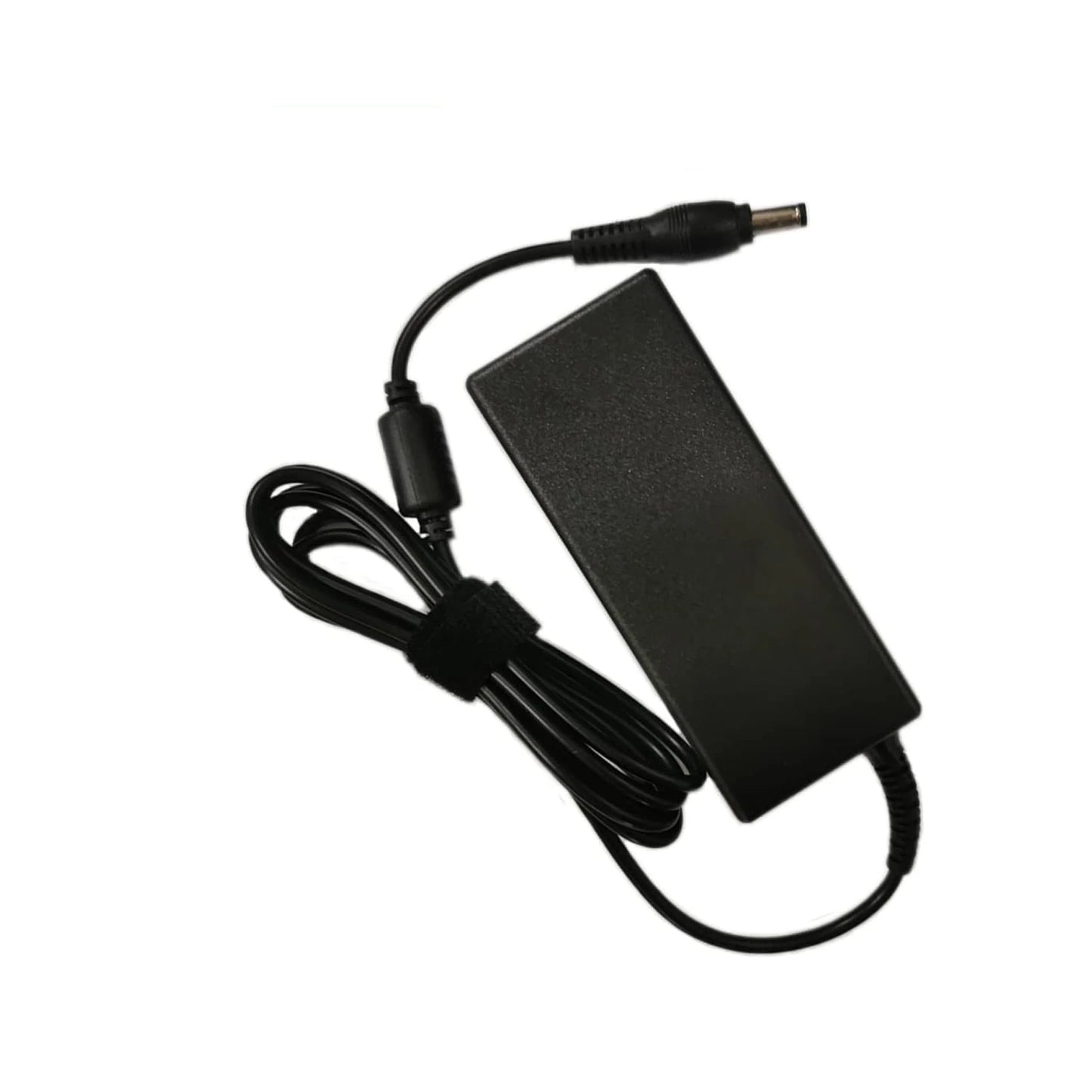 Black power adapter with cable on a white background