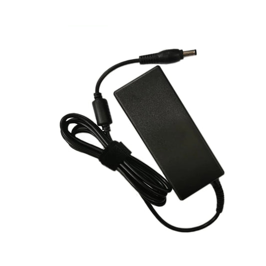 Black power adapter with cable on a white background