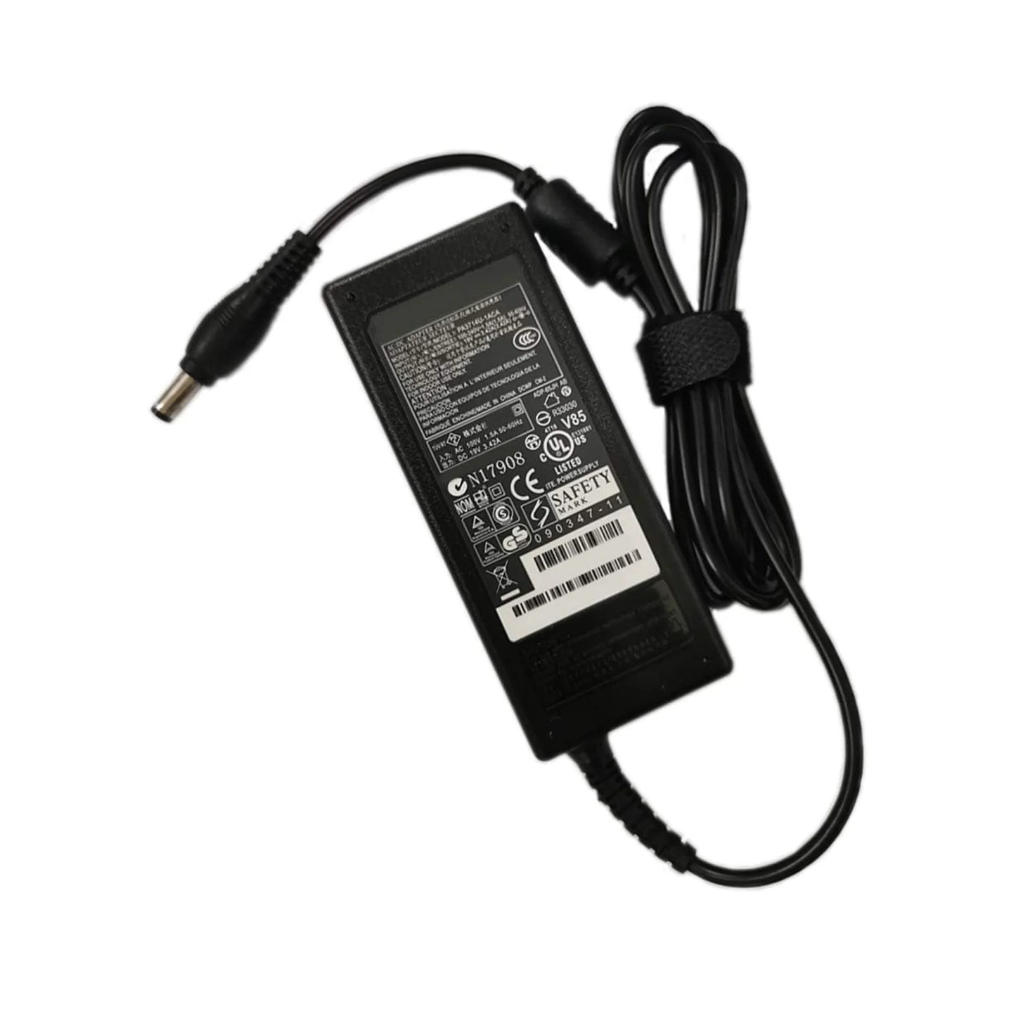 Black laptop charger with power cord on a white background